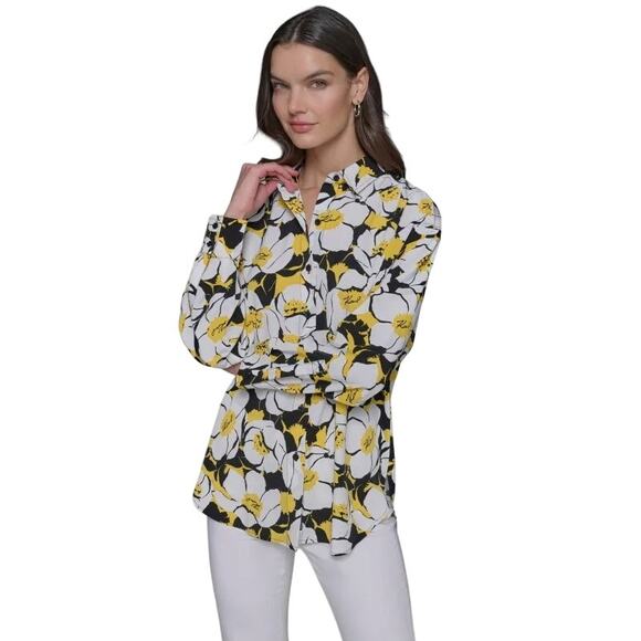 Karl Lagerfeld Paris Tops - Karl Lagerfeld Paris Yellow & Black Floral Print Daffodil Button Front Blouse